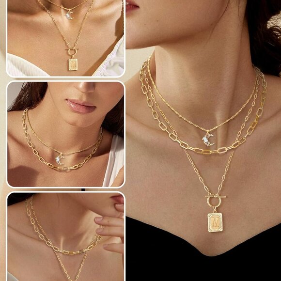 Layered Initial Necklaces Women 14K Gold Plated Brass Moon Square Pendants - Picture 3 of 9